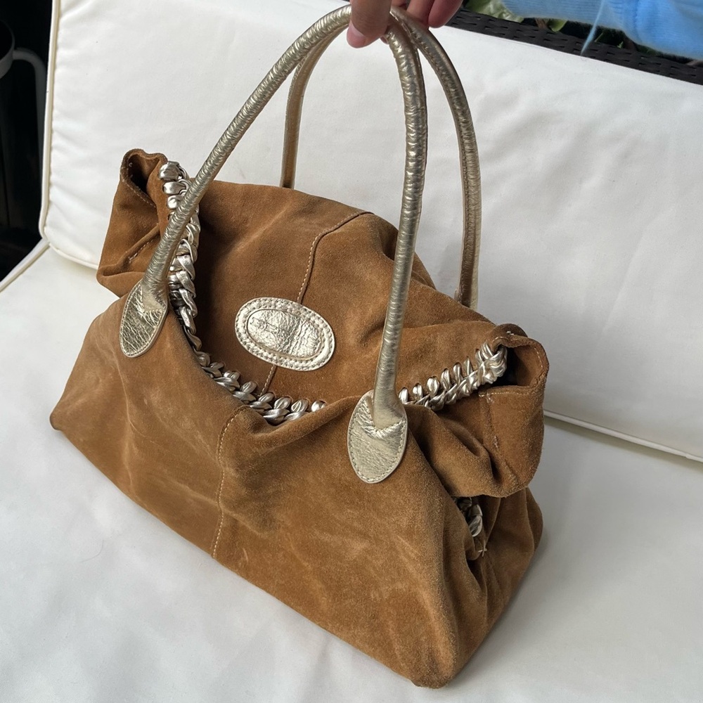 Chic Tan Suede Shoulder Bag with Silver Details